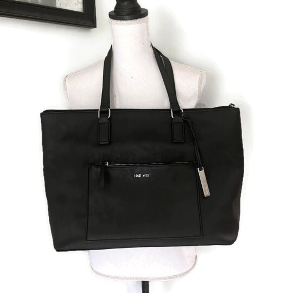 Nine West Leather Vegan Black Large Tote Shoulder Bag Travel Commute
